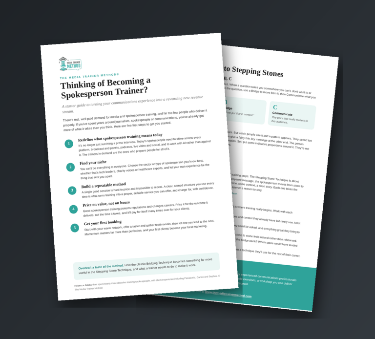 The two pages of the free starter guide, Thinking of Becoming a Spokesperson Trainer?, from The Media Trainer Method.